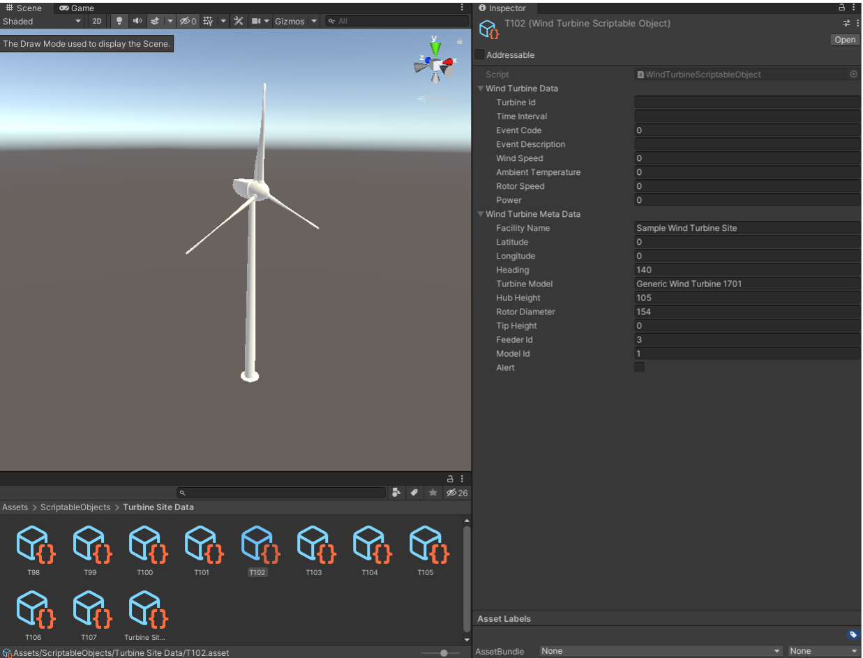 Captura de tela da janela de cena Unity com os objetos programáveis da turbina eólica em exibição.