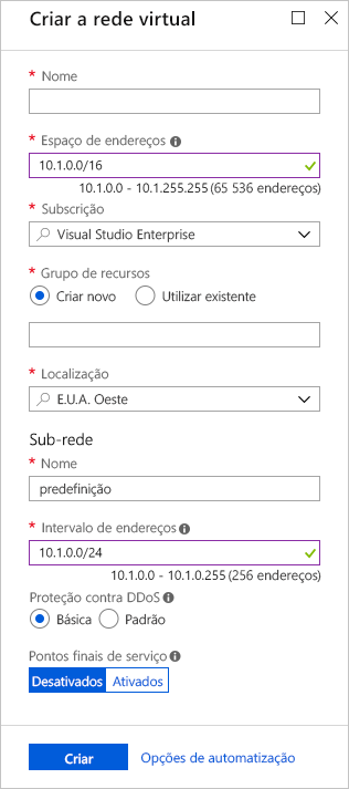 Screenshot of the Azure portal showing an example of the Create virtual network pane fields.