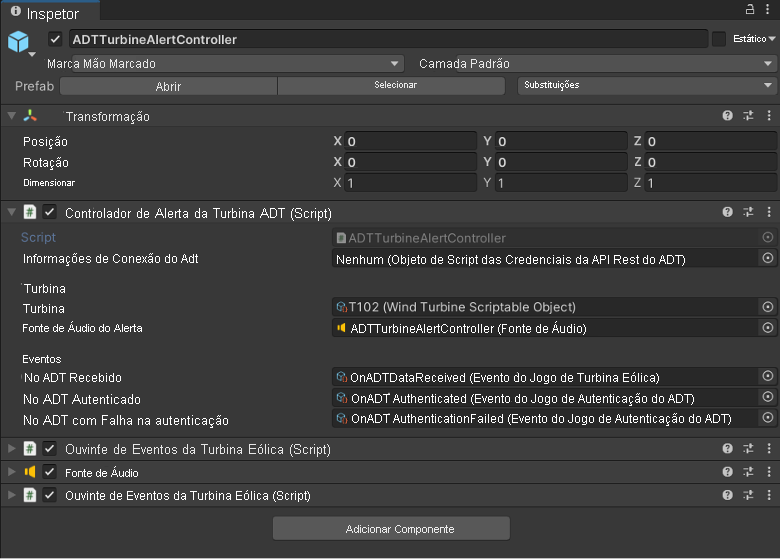 Captura de tela do controlador de alerta da turbina ADT no inspetor Unity.