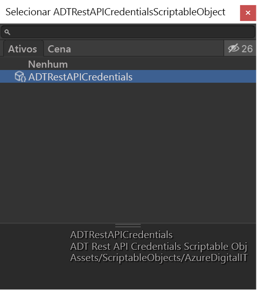 Captura de tela do objeto programável ADT Rest API Credentials na pasta de ativos Unity.