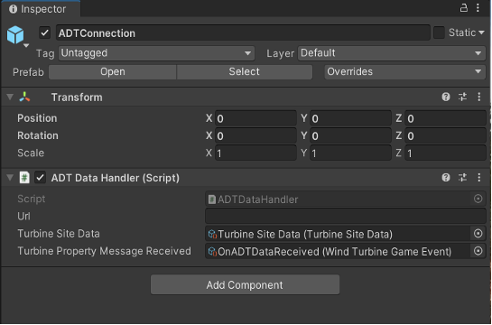 Captura de tela do Unity Inspetor com o pré-fabricado ADT Turbine Alert Controller selecionado.