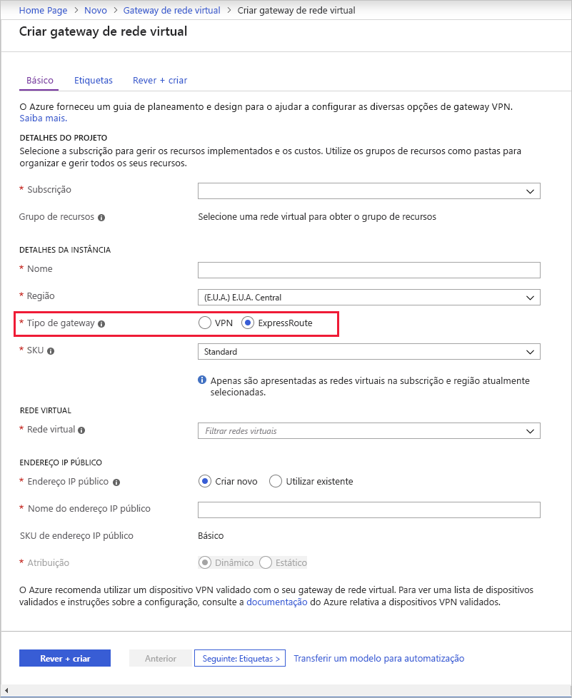 Screenshot of creating a virtual network gateway with the gateway type set to ExpressRoute.