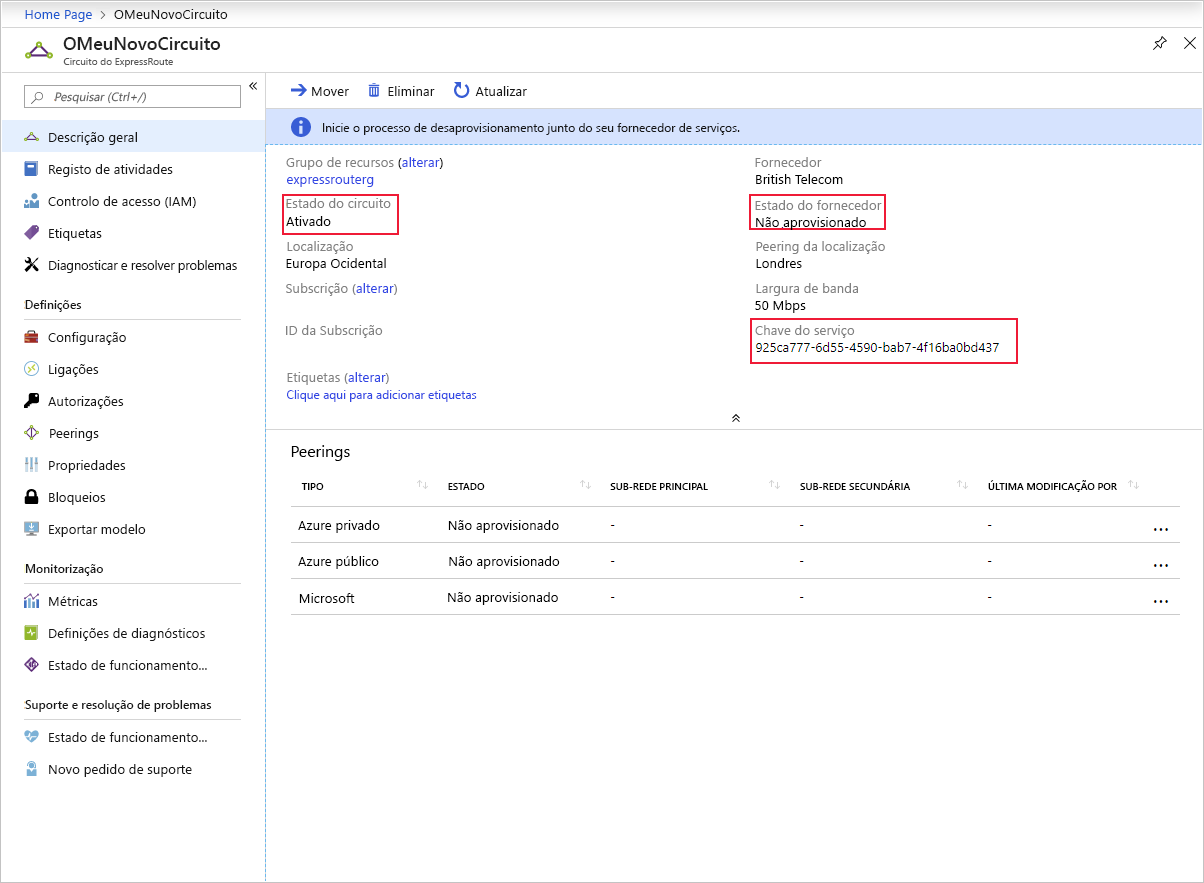 Screenshot of provisioning a circuit by using the Azure portal.