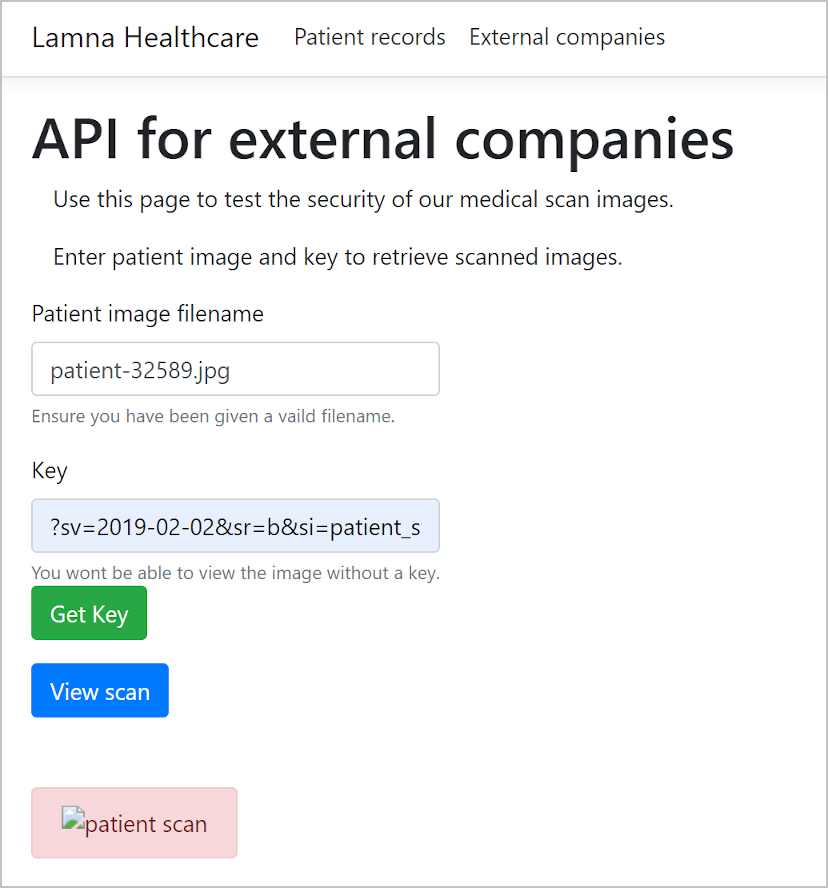 Captura de ecrã a mostrar a aplicação Web com um erro para ver uma imagem de paciente.