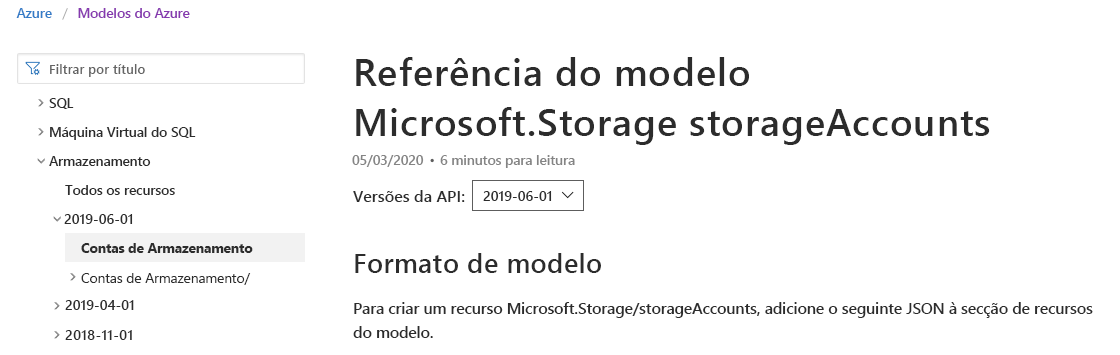 Captura de ecrã de uma página de documentação da Microsoft que mostra a documentação da conta de armazenamento selecionada.