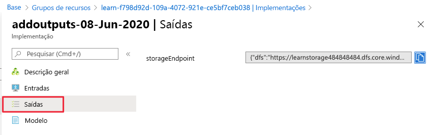 Captura de ecrã do portal do Azure a mostrar a seleção de saída no menu esquerdo.