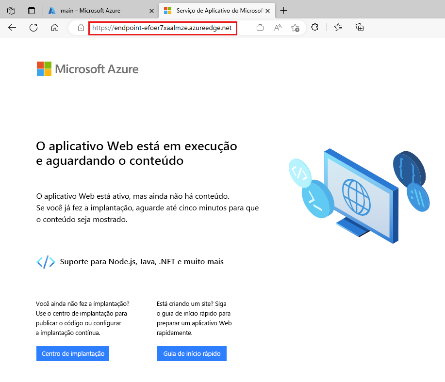 Captura de tela da página de boas-vindas do aplicativo Web, com a barra de endereço mostrando o ponto de extremidade CDN.