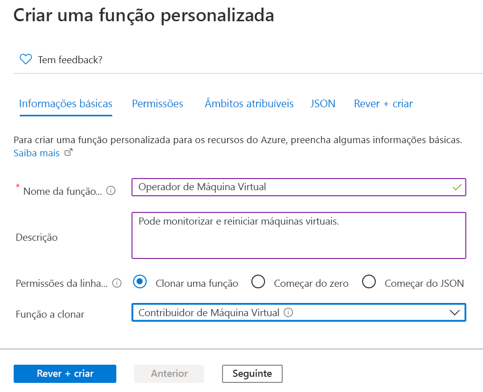 Captura de ecrã do botão de opção Clonar uma função selecionado e Contribuidor de Máquina Virtual como função a clonar.