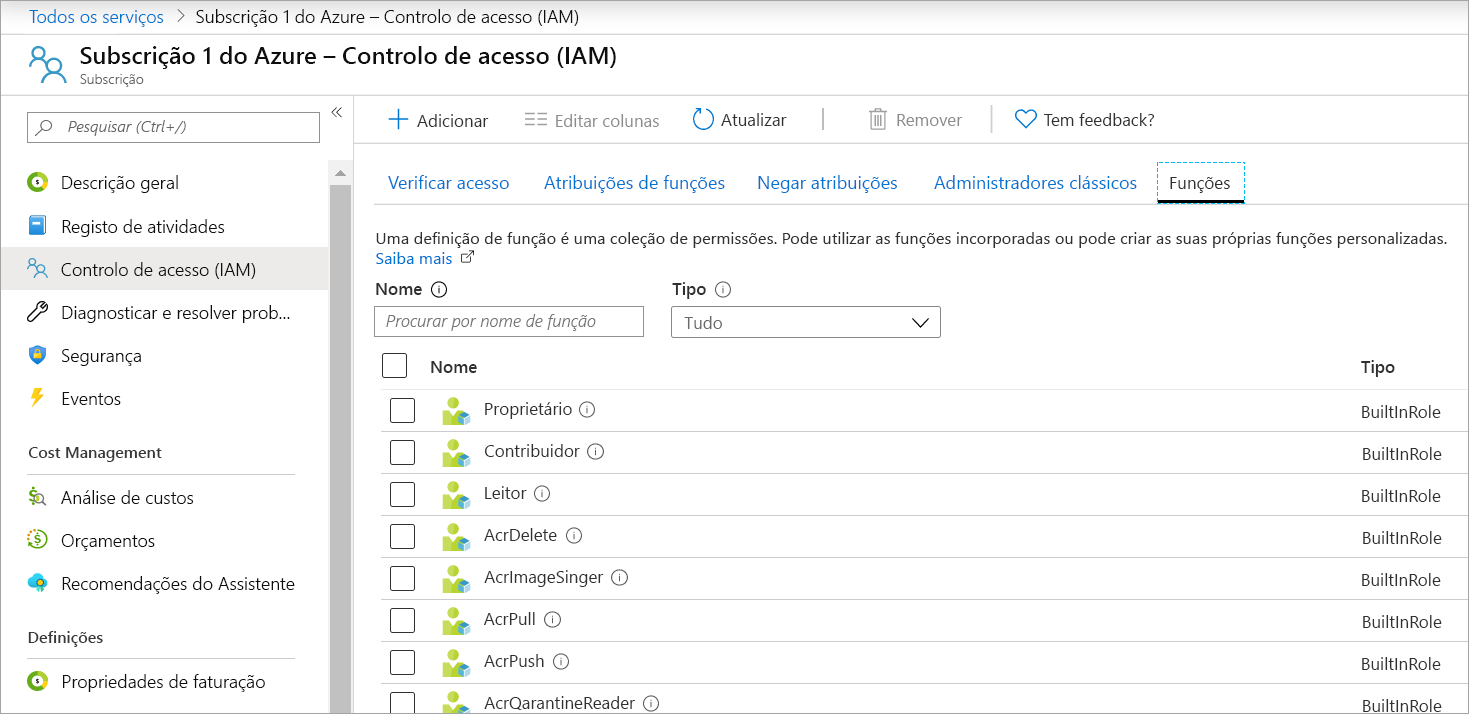 Captura de tela que mostra como chegar ao Controle de acesso (IAM) e Funções.