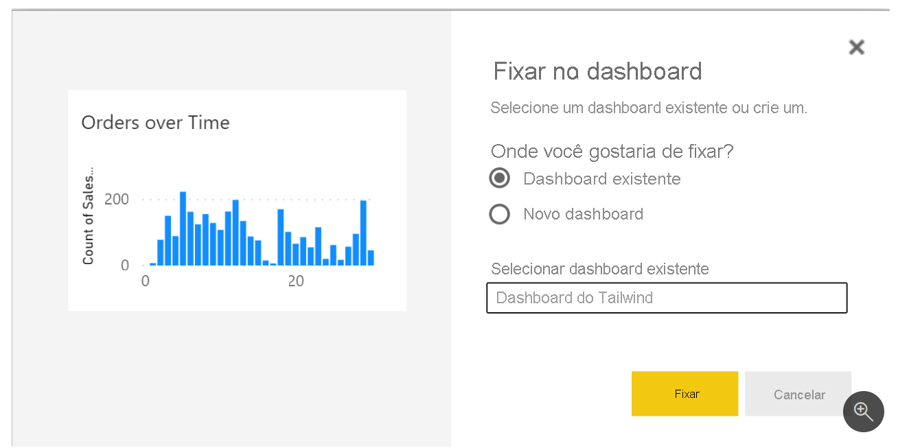 Captura de ecrã de um único elemento visual com a opção de afixar num dashboard novo ou existente.