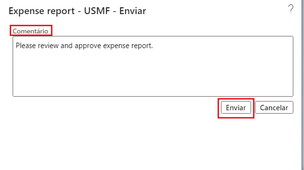 Captura de tela do campo de Comentário do relatório de despesas.