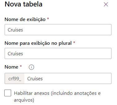 Captura de tela da caixa de diálogo Nova Tabela com Cruzeiros inserido na caixa Nome de exibição.