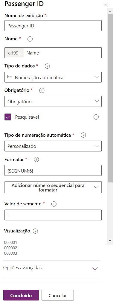 Captura de tela da ID de passageiro com Autonumber, Custom, SEQNUM:6 e 1 como valores para os diferentes campos.