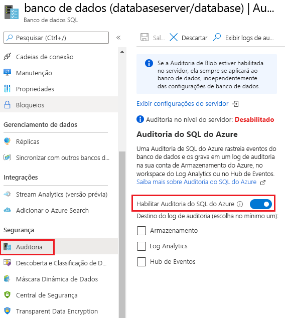 Captura de ecrã que mostra como ativar a auditoria para bases de dados SQL do Azure.