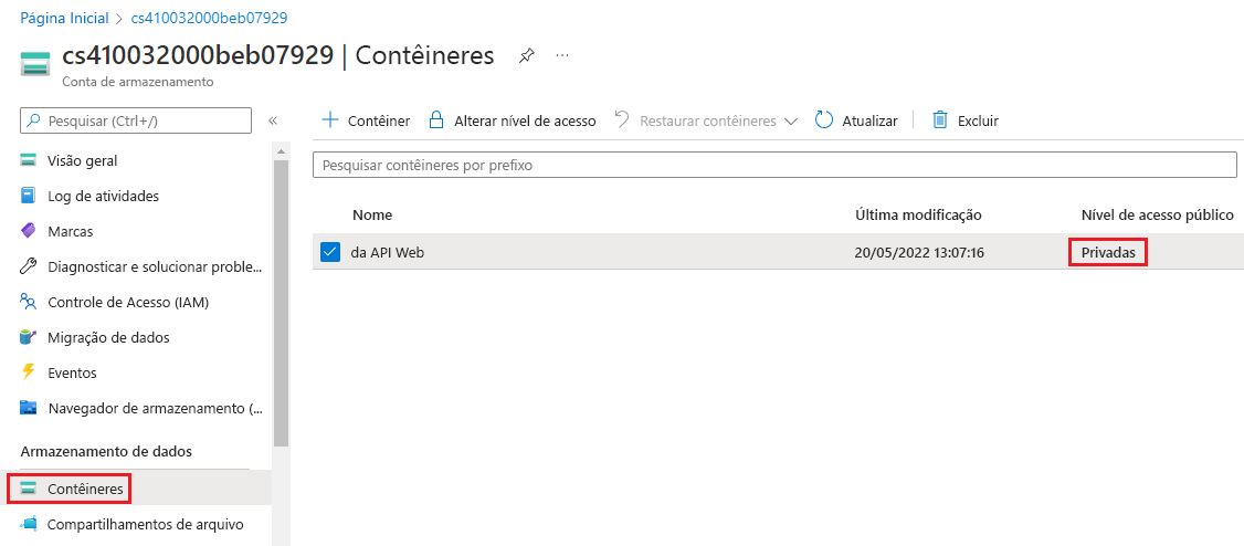 Captura de tela que mostra um contêiner de armazenamento com o nível de acesso definido como privado.
