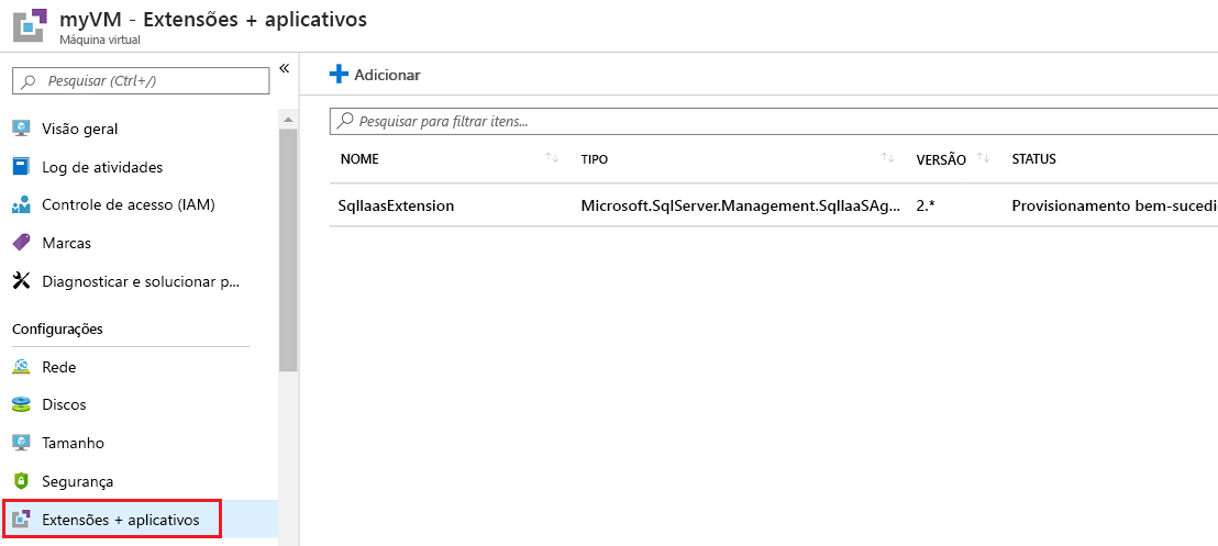 Captura de ecrã que mostra as extensões V M no painel Extensões + aplicações.