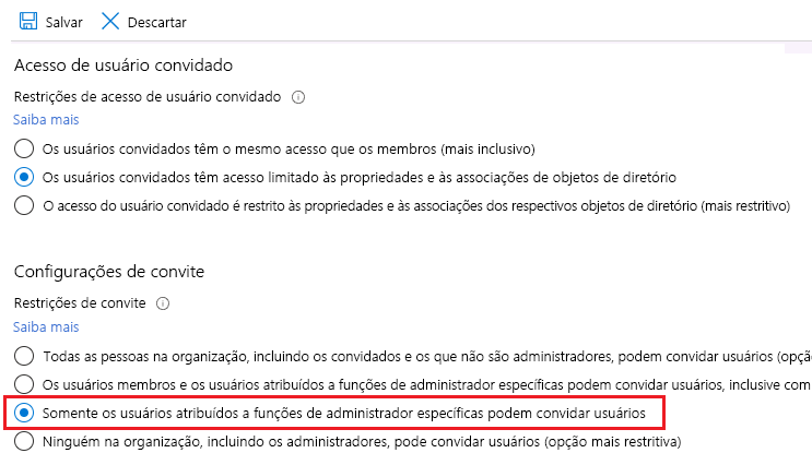 Captura de tela que mostra as configurações de convite convidado com Somente usuários atribuídos a funções de administrador específicas podem convidar usuários convidados selecionados.