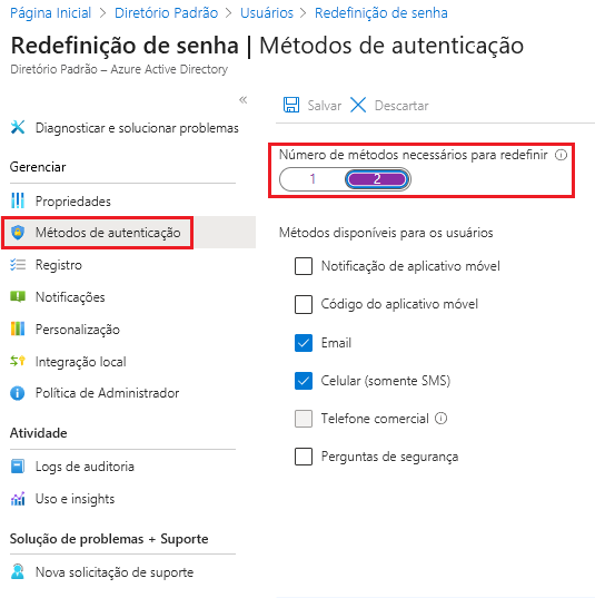 Captura de ecrã do portal do Azure que mostra o painel de métodos de autenticação de reposição de palavra-passe do Microsoft Entra com o número de métodos necessários para repor definido como 2.