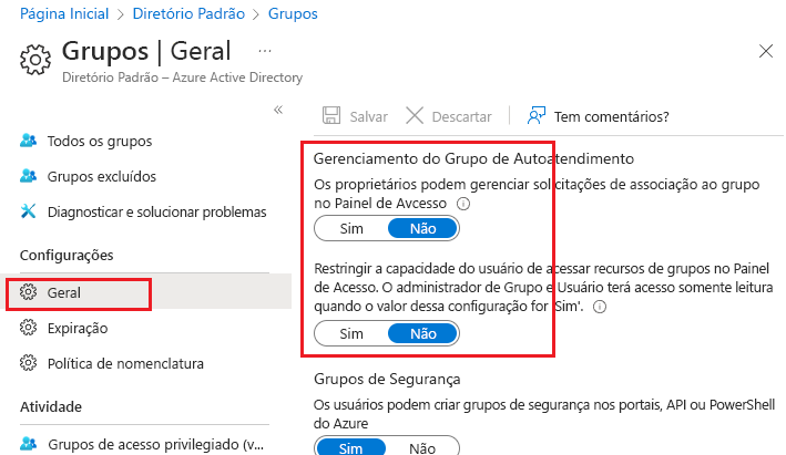 Captura de tela que mostra as opções de grupo de autoatendimento do Microsoft Entra definidas como Não.