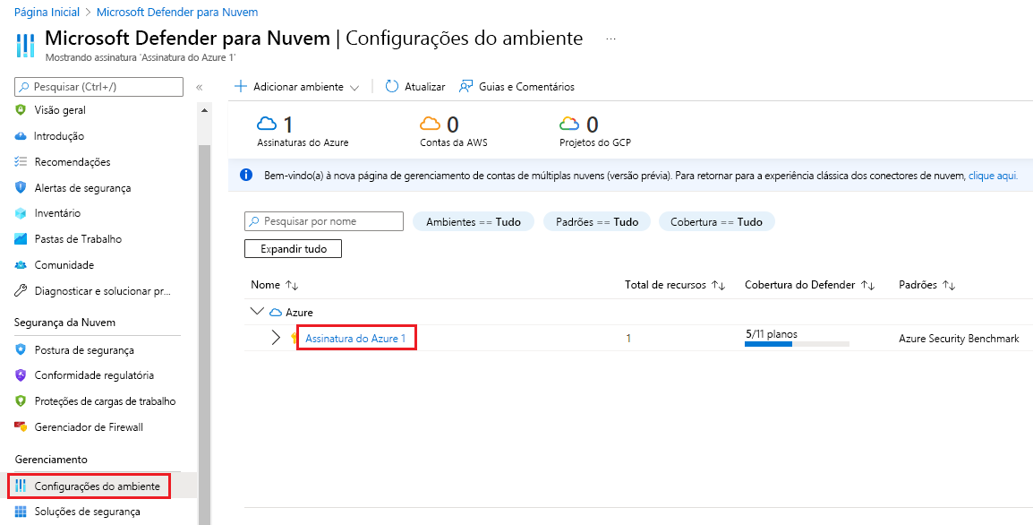 Captura de tela que mostra as configurações de ambiente do Defender for Cloud.