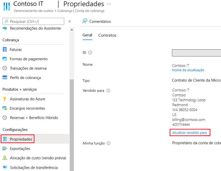 Captura de tela que mostra o painel Propriedades com as informações de contato e o link Atualização vendida para selecionado.