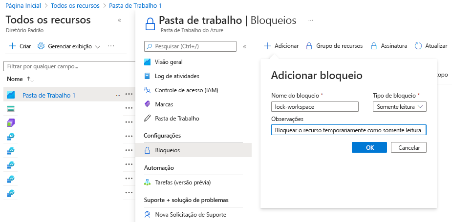 Captura de ecrã que mostra como bloquear um recurso no portal do Azure.