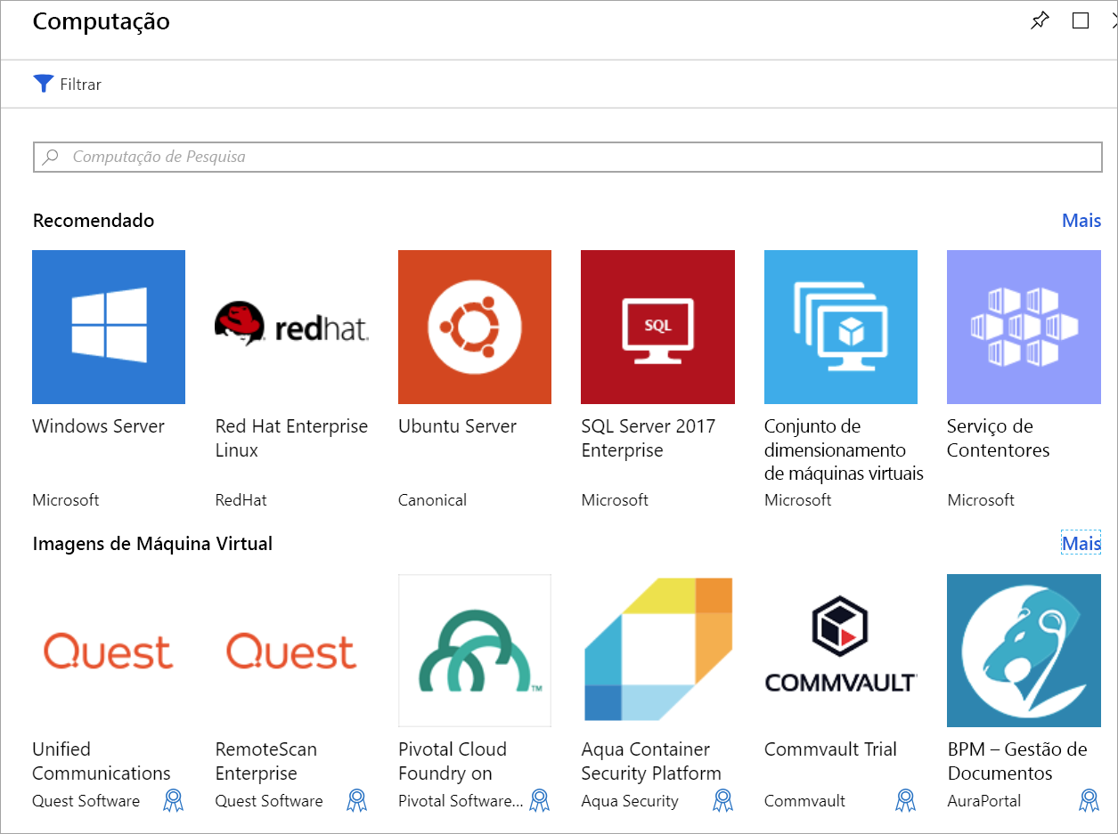 Captura de ecrã a mostrar a lista do Azure Marketplace das Máquinas Virtuais.