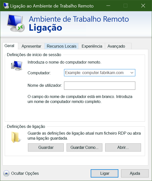 Captura de ecrã da interface de utilizador do cliente RDP.