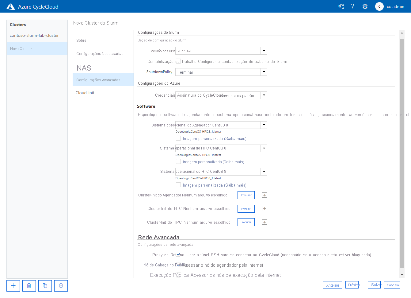 Screenshot of the Advanced Settings tab of the New Slurm Cluster page of the Azure CycleCloud web application.