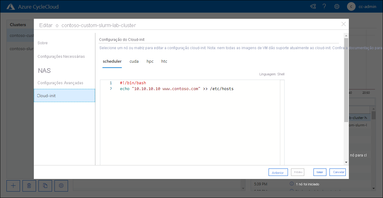 Screenshot of the Cloud-init tab of the Edit contoso-custom-slurm-lab-cluster pop-up window in the Azure CycleCloud web application.