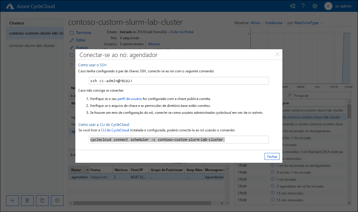 Screenshot of the Connect to node: scheduler pop-up window in the Azure CycleCloud web application.