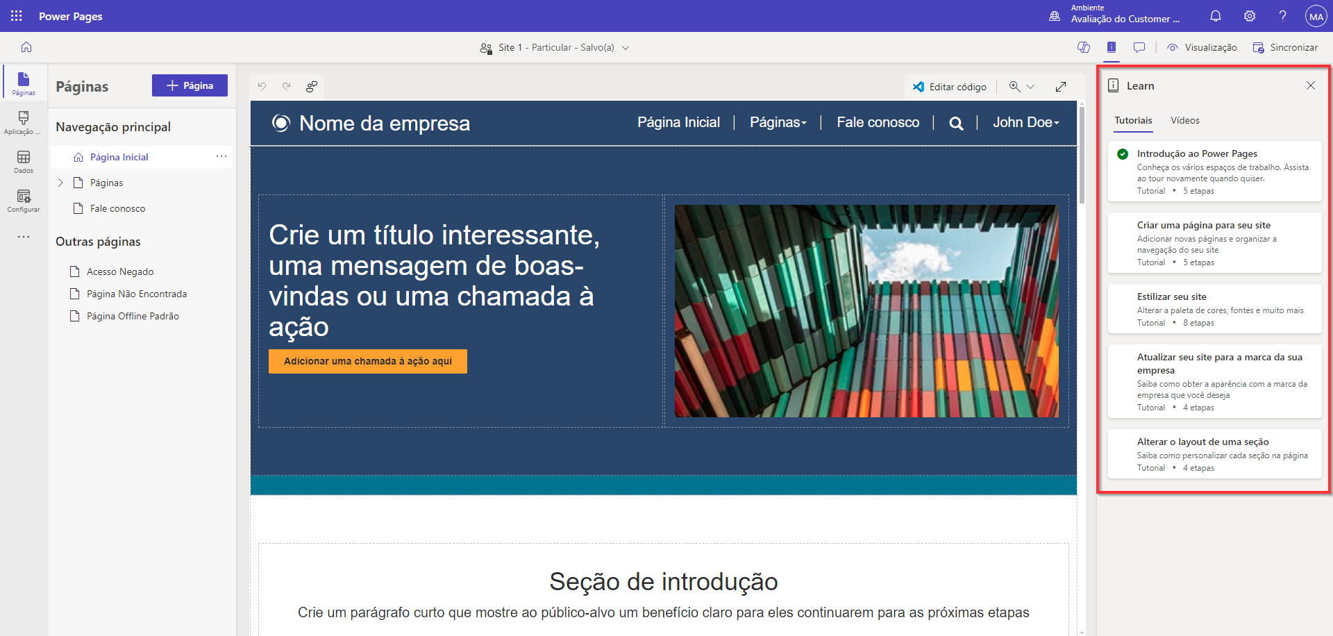 Captura de tela de uma experiência de design com o hub de aprendizagem.