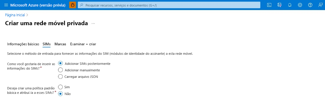 Esta tela exibe a guia Configuração do SIM.