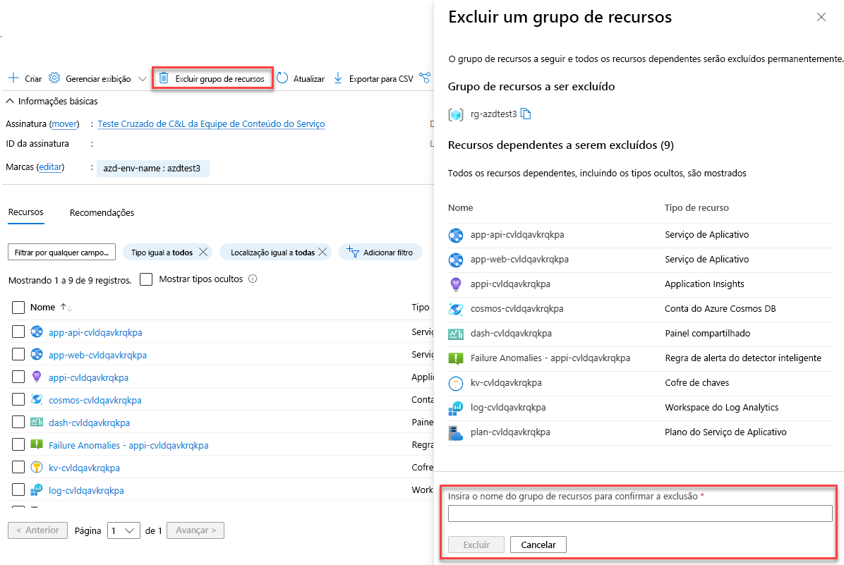 Uma captura de tela mostrando como excluir um grupo de recursos.