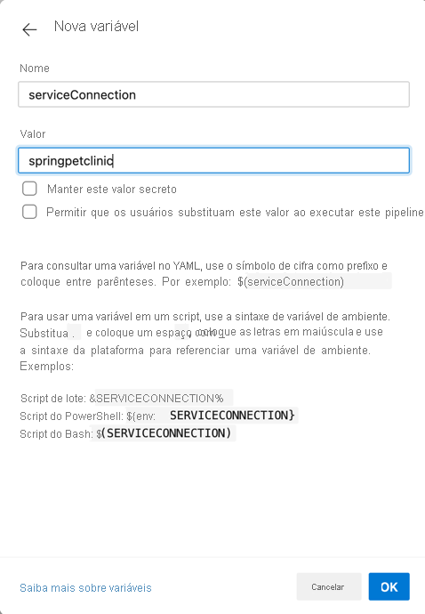 Captura de tela exibindo a nova variável Service Principal.