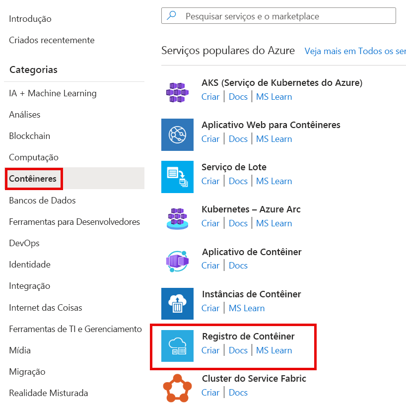 Captura de ecrã a mostrar o painel Novo no portal do Azure, a apresentar as opções do Contentor disponíveis no Azure Marketplace.