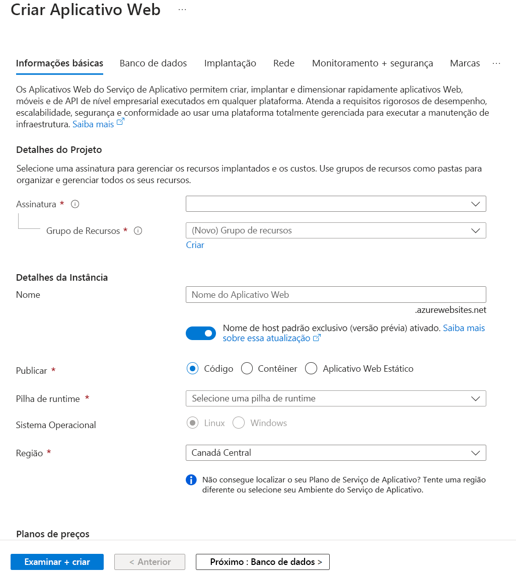 Captura de ecrã a mostrar o Azure Marketplace com a Aplicação Web selecionada.