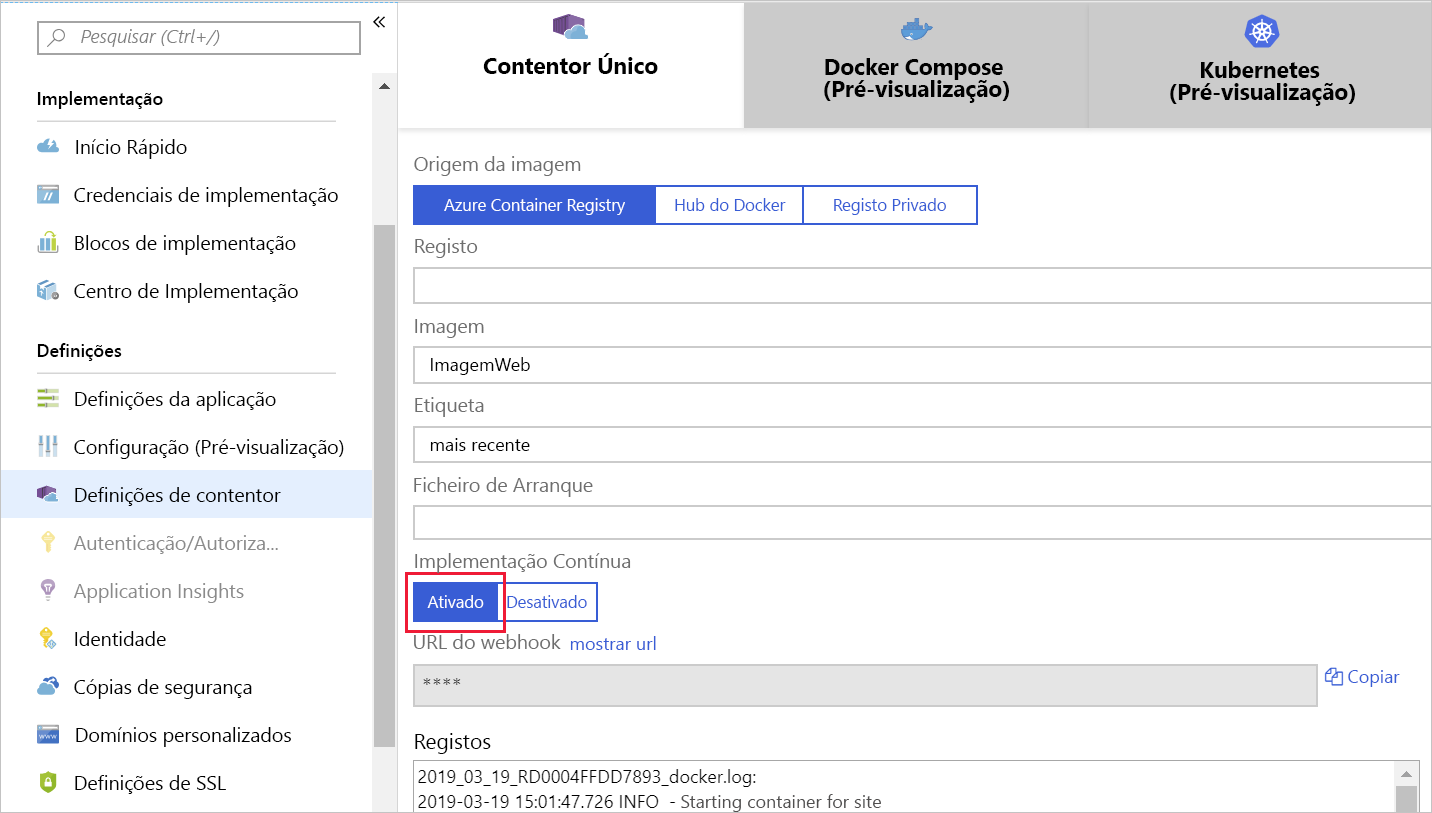 Captura de tela que mostra as configurações de contêiner para o aplicativo Web com a implantação contínua habilitada.