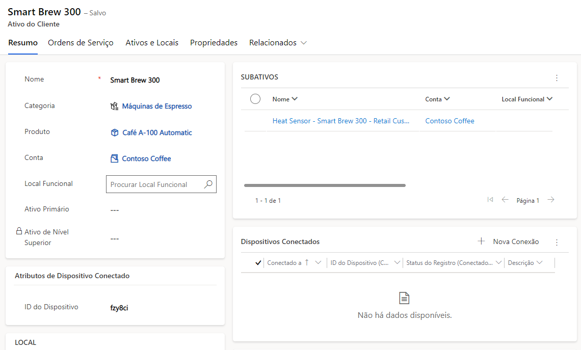 Captura de tela de um Ativo do Cliente de exemplo inserido no Dynamics 365 Field Service.