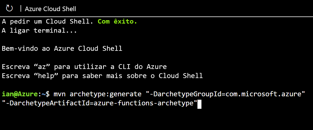 Image showing the Maven command to create an Azure Function archetype.