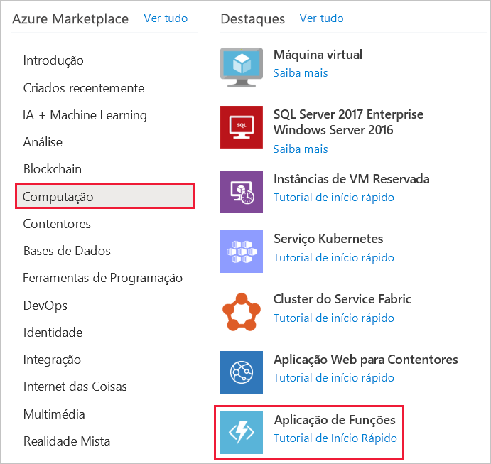 Captura de tela da categoria Computação e da opção Serviço de aplicativo de função.