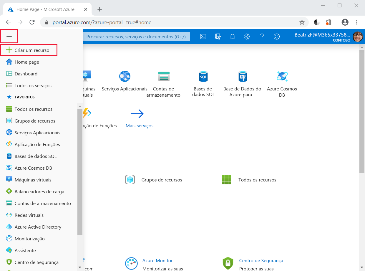 Captura de ecrã a mostrar o menu portal do Azure e da opção Criar um recurso.