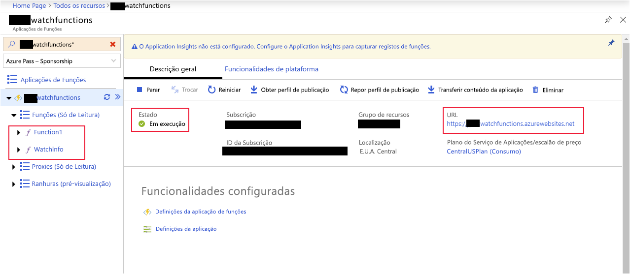 Captura de ecrã do painel da Aplicação da Função do portal do Azure a mostrar as funções 'Function1' e 'WatchInfo'.