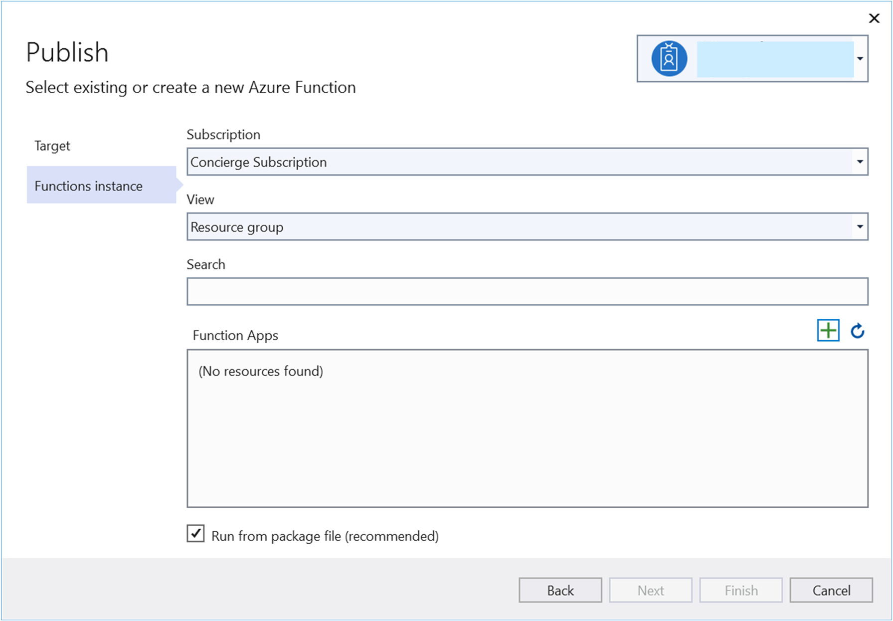 Captura de tela da janela de instância Publish Functions. O usuário para selecionar Aplicativos de função.