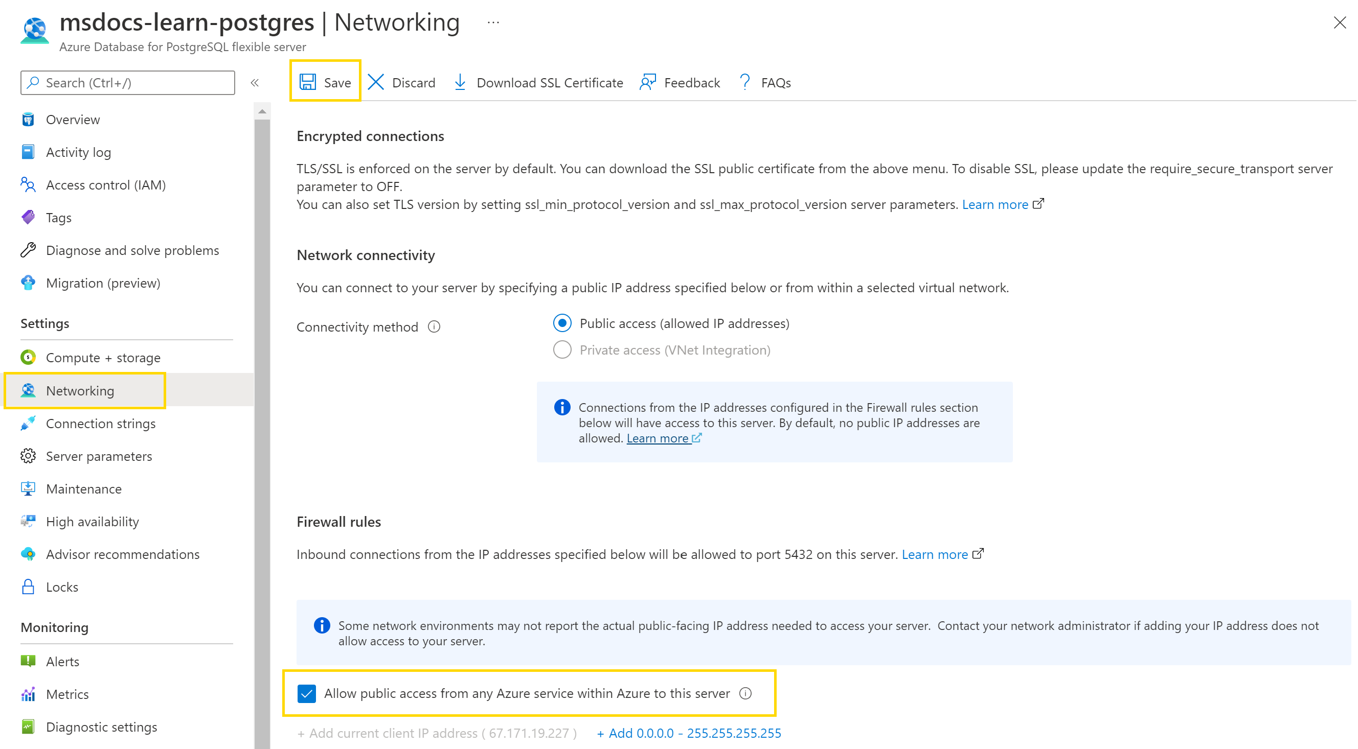 Screenshot showing the how to allow public access to database server.