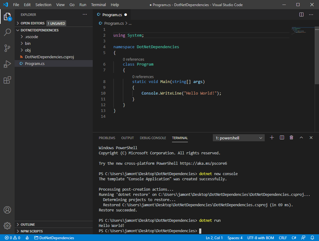 Captura de ecrã a mostrar o Visual Studio Code com uma nova aplicação da consola.