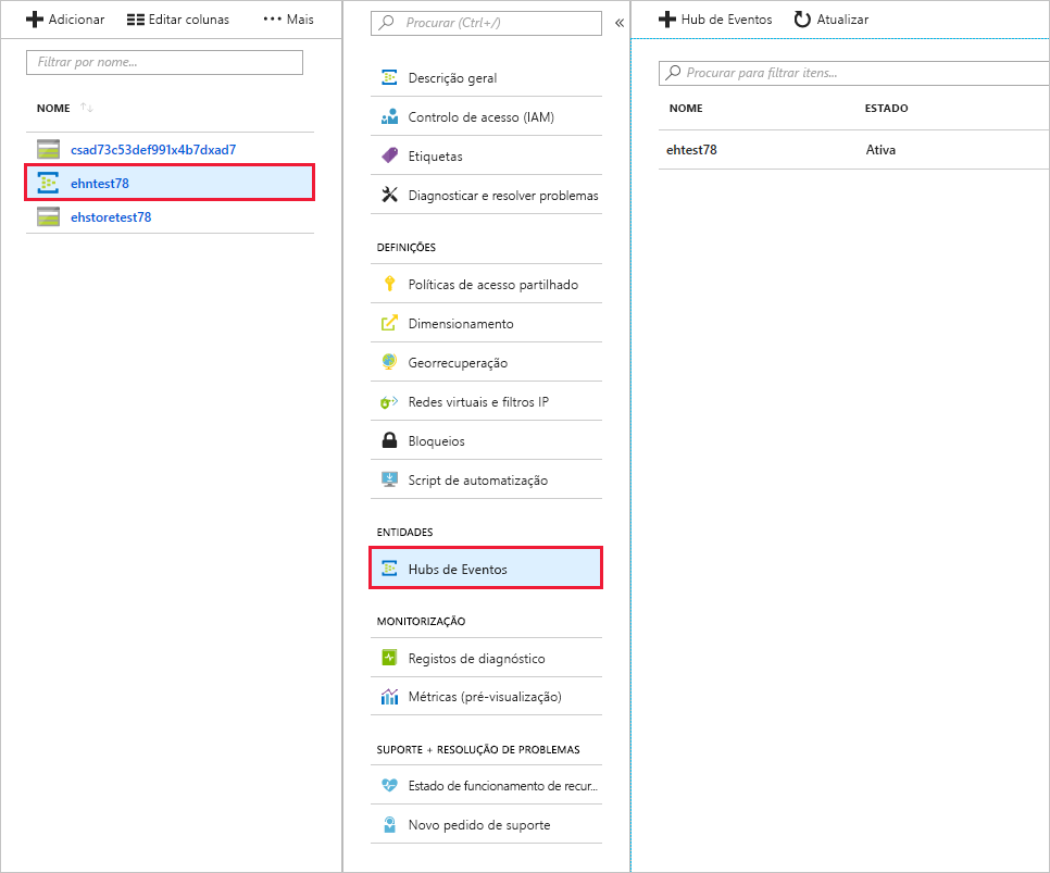 Hub de Eventos exibido no portal do Azure.