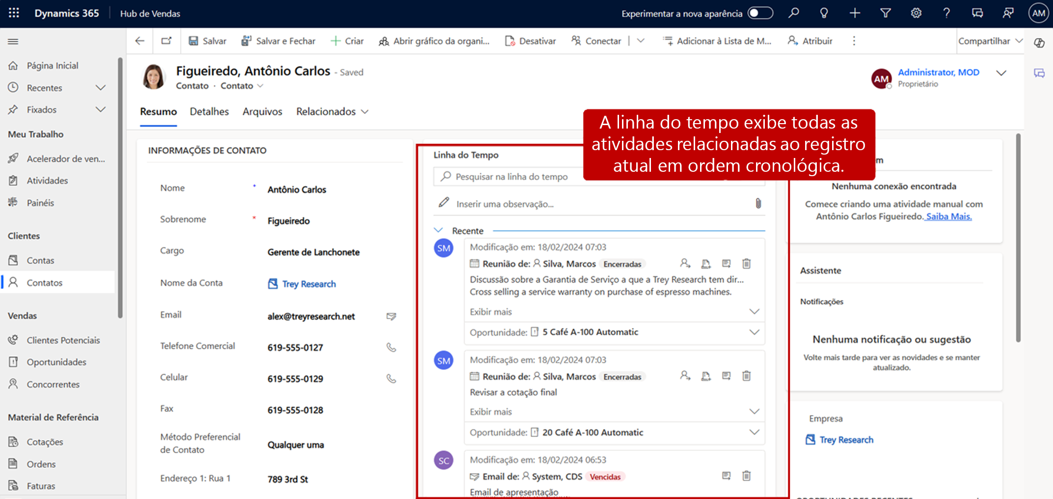 Captura de tela mostrando o controle de linha de tempo em um registro de contato.