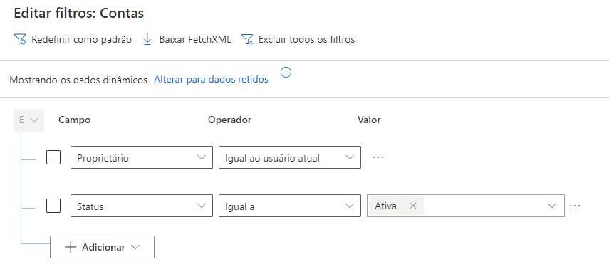 Captura de tela do filtro de Localização avançada exibindo contas ativas.