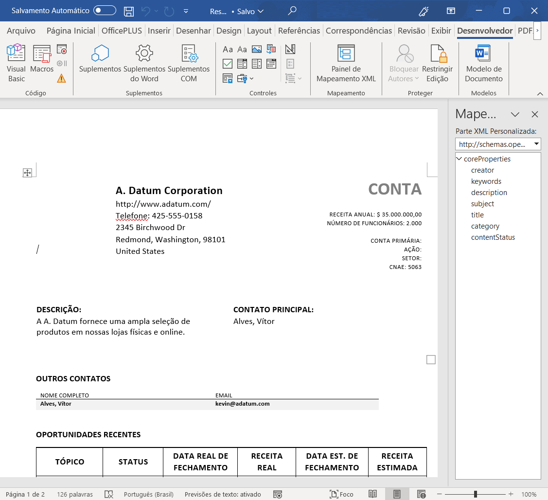 Captura de tela de um modelo do Word que está sendo usado com o Dynamics 365.